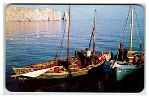 Percé Quebec Fishing Boats Kodachrome Photo Postcard Canada Vintage